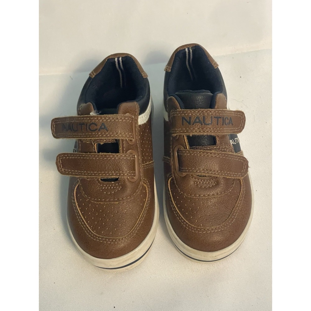 Nautica Shoes Boys Size 7 Brown Navy Hook Loop Casual Sneakers Faux Leather Bin3